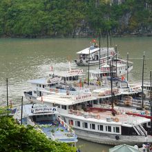 鍾乳洞出口から見下ろした桟橋は観光船で大混雑です