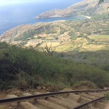 ハナウマ湾がきれいに見えますが、トロッコ道は急です