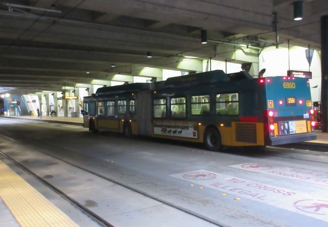 トンネル駅のホームにはバスと路面電車が交互に発着