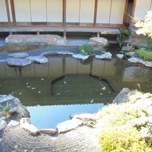 中庭の池には八角形の窪みが。八角形は風水最強の形とのこと