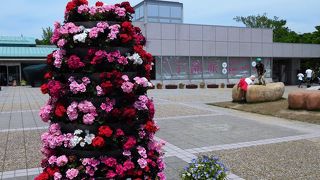 湖水ホールで彫刻展の説明を見たり、園内で彫刻やバラの花を見ました。