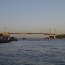 夕陽のなかの関門橋。