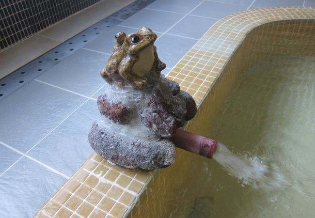 カエルの湯口から大量に流れ出る無色透明の温泉