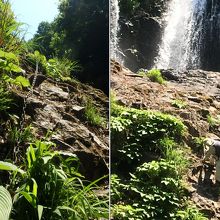 鎖をよじ登る筆者。写真右は妻が対岸から撮影。