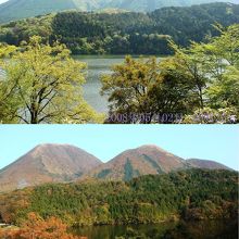 浮布池対岸から眺める三瓶山。5月と11月の比較