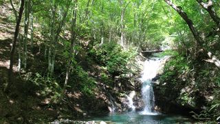 滝のある渓谷の遊歩道