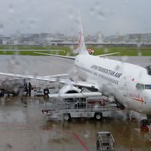 雨の福岡空港にスポットイン中の機材