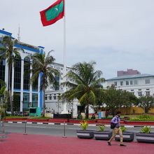 大きな国旗がはためく