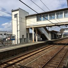 JRのホームより。上に見える通路が乗換への道。