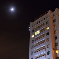 到着時ホテルの上に月が出ていました。