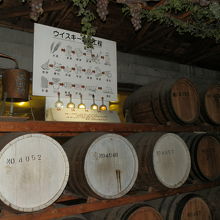 樽の上に「ウイスキー製造工程」の看板がありました。