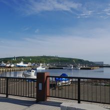 漁港の南側、丘陵の上に自衛隊のレーダー基地が見えます