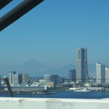 高速道路から見た　大さん橋とランドマークタワーと富士山