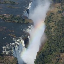 ヘリコプターからのビクトリアフォールズ全景と虹