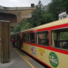 泊まる列車で写真を撮る