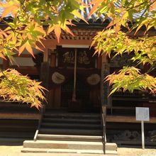 夏でも色付く紅葉越しの本堂