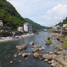 左の囲いが益次郎温泉、右のすだれの場所が神田湯