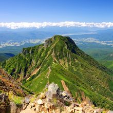 頂上からの眺め、遠く諏訪湖が見える