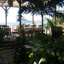 緑に囲まれた店内から、海岸沿いの客席を通して、海岸が見えます