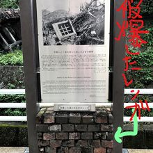 旧鐘楼の案内板と大浦天主堂の被爆煉瓦。