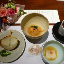 長芋豆腐、秋野菜の貝柱寄せ、淡路島の玉ねぎオーブン焼き