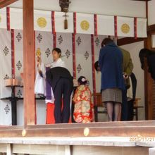 可愛らしいお嬢ちゃんの七五三参りの祈願風景。