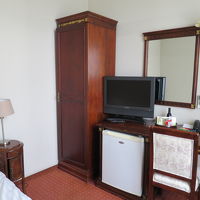 ベッド脇のクローゼット、机と椅子、冷蔵庫、テレビなど