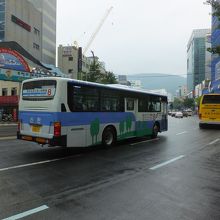 普通のバス。黄色はクルーズ船利用客用無料シャトルバス。