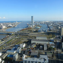 北側は信濃川河口と、朱鷺メッセです