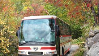車窓には紅葉の山々