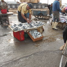 漁港にはこのようなとれたての魚を売る店が並ぶ