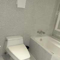 トイレとバスタブ：丸の碁石みたいなタイルで埋まっている空間