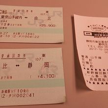 静岡～東京間のチケット