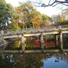 神社横から見た池と橋