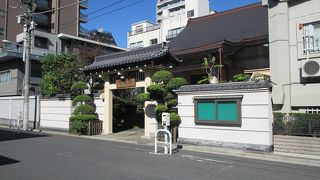 浄土真宗本願寺派のお寺。都会らしい敷地はとても狭いです。