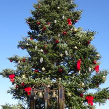 鐘のバックに、大きなクリスマスツリー