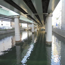 日本橋川。蓋に覆われ水面が暗い