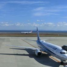 カウンター席から駐機場、滑走路、海の向うには四国が