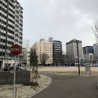 祇園駅側から。公園の奥に見えます。