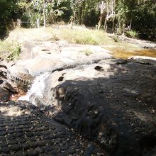 渓流の岩に刻まれた神々とリンガ