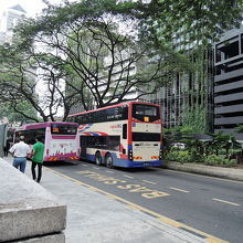 300番の二階建てバスとピンクパープルの無料バスGOーKL