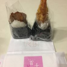海老天むすとヒレ串揚げ