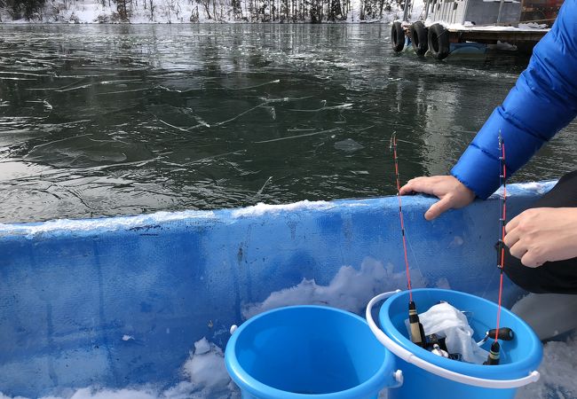 凍る湖面で手ぶらワカサギ釣り体験