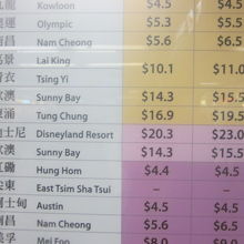 細かい料金設定の運賃表の様子