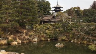 バックに五重の塔が見える