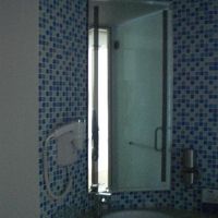 洗面台の様子です。水色で統一されていて、すがすがしい感じです