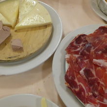 チーズとパテの皿と生ハムの皿　パンにはさんでビールで流し込む