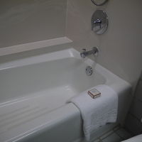 シャワーのカランは移動式。浴槽が浅い。