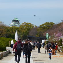 遠くに大阪城の天守閣が見えます。