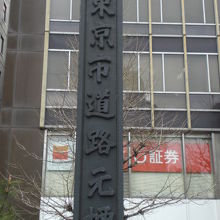 日本橋の北にある東京市の道路元標との標示のある記念碑です。